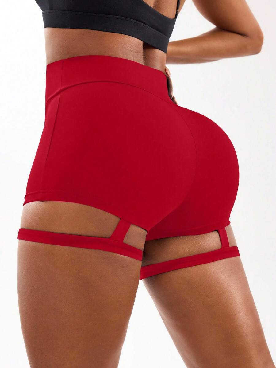 Easithlete 女士时尚性感瑜伽紧身镂空吊带设计运动健身短裤红色氨纶短裤女款红色短裤红色舞蹈短裤吊袜短裤红色骑行短裤钢管舞短裤女款红色短裤大腿镂空短裤 - 紅色 - 查看 1