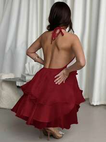 Firerie 优雅浪漫约会露背多层下摆白色欧根纱挂脖泡泡袖连衣裙，正式礼服 - 紅色 - 查看 2