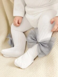 Cozy Pixies 1 件装女婴厚款蝴蝶结装饰紧身裤，适合户外穿着 - 白色 - 查看 2