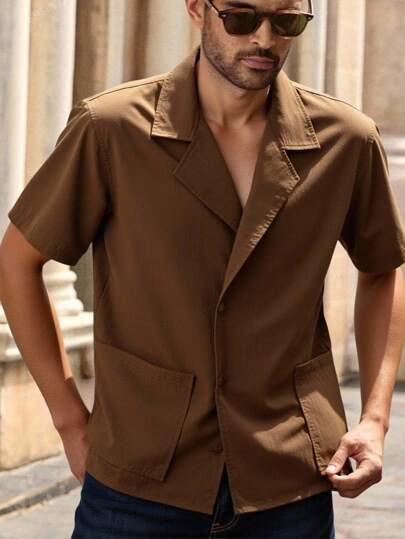 Manfinity VCAY Men's Casual Fashion Personalized Open Front Short Sleeve Shirt Brown Shirt Men Brown Shirt Brown Vacation Shirt Men Tunic Men Pocket Shirt Men Brown Short Sleeve Shirt Men Camp Collar Shirt Men Collared Short Sleeve Shirt