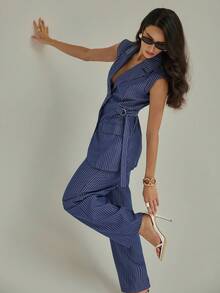 Modelyn 女士优雅竹节腰带两件套，时尚设计，适合春、夏、秋季 - 藍色 - 查看 6