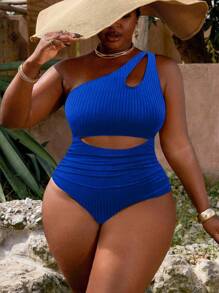 Slaydiva 大码女式黑色罗纹镂空褶饰连体泳衣，休闲度假风