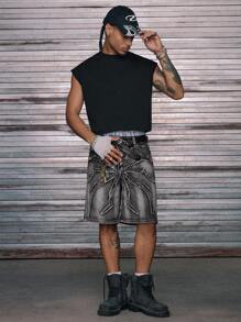 AXEPEAK 高街时尚上衣男士宽松无袖 T 恤蜘蛛图案水钻装饰背心，2000 年代风格 - 黑色 - 查看 3