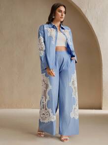 Anewsta New Arrival Hollow Pearl Plus Size 2 Pieces Set, Commuter Style - Baby Blue - View 4