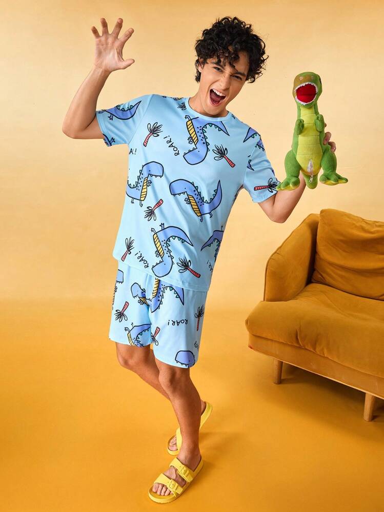 Notgurli Men Cartoon Graphic PJ Set / Pajama Set - Baby Blue - View 4