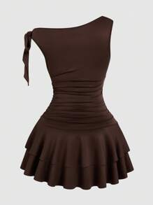 Sweetra Plus Size Women Cinched Waist Floral Embellished Asymmetric Hem Baseball Dress - Mocha Brown - View 2