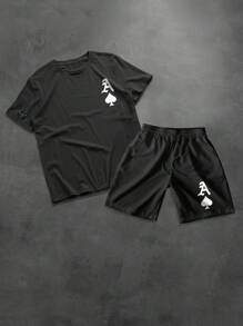 Manfinity Homme 2 件男士休闲宽松短袖 T 恤和抽绳短裤套装 - 黑色 - 查看 4