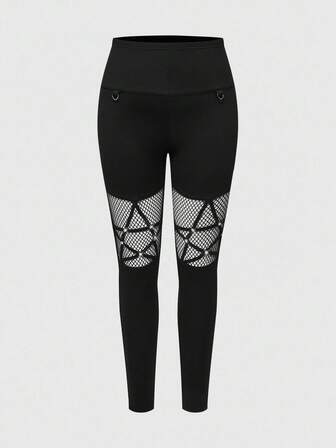 Pantalon skinny stretch pour femmes avec patchwork de maille et clous style gothique pentagramme
