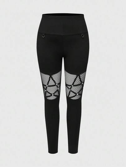 Gothic Stil Pentagramm Nieten Mesh Patchwork Damen Skinny Stretch Hose