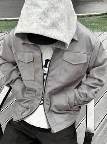 Manfinity EMRG Men's Casual Loose Fit Drop Shoulder Jacket Grey Jacket Men Grey Grey Zip Up Jacket Grey Jacket Grey Shacket Fashion Jacket, Light Grey Jacket, Grey Jacket, Jacket, Old Money Style Fleece - Grey - View 3