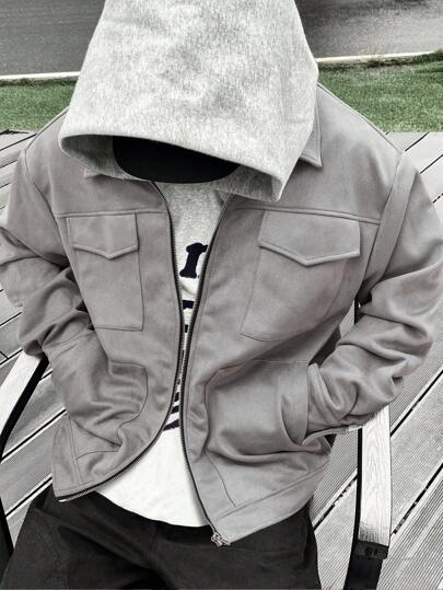 Manfinity EMRG Men's Casual Loose Fit Drop Shoulder Jacket Grey Jacket Men Grey Grey Zip Up Jacket Grey Jacket Grey Shacket Fashion Jacket, Light Grey Jacket, Grey Jacket, Jacket, Old Money Style Fleece