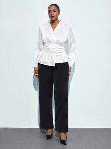 Maija Plus Size White Satin Blouse Long Sleeve Top,Women's Elegant Silky Summer Dinner Commuter Wear,Business Casual Autumn,New Year Party,Date,Graduation - White - View 4