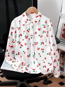 Girls' Minimalist Chic Sweet White Base Red Cherry Pattern Long Sleeve Shirt Cherry Shirt Cherry Print Shirt Fruit Print Shirt Girls Cherry Shirt