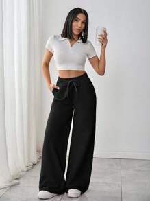 EURMUSE Women's Straight Leg Sport Pants With Pocket And Stitching Detail - Black - View 4