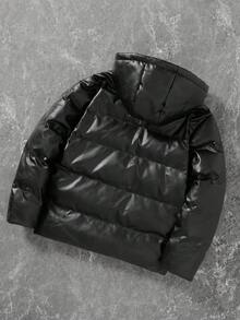 PAVTROS Manfinity Streetrush Men's Fashionable Versatile Solid Color Hooded Jacket, Winter Puffy Jacket Men Men Outerwear Bubble Coat Men Men Puffer Jacket Faux Leather Puffer Jacket Men Hooded Puffer Jacket , Fall