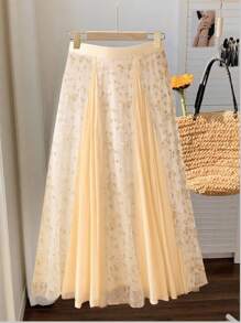 SHEIN MOD Plus Size Women's Embroidered Mesh Patchwork Skirt, Bohemian Style, Music Festival, Vacation, Romantic, Sexy, Elegant, Flowy Skirt, Back To School Clothing, Mesh Skirt, Apricot - Multicolor - View 5