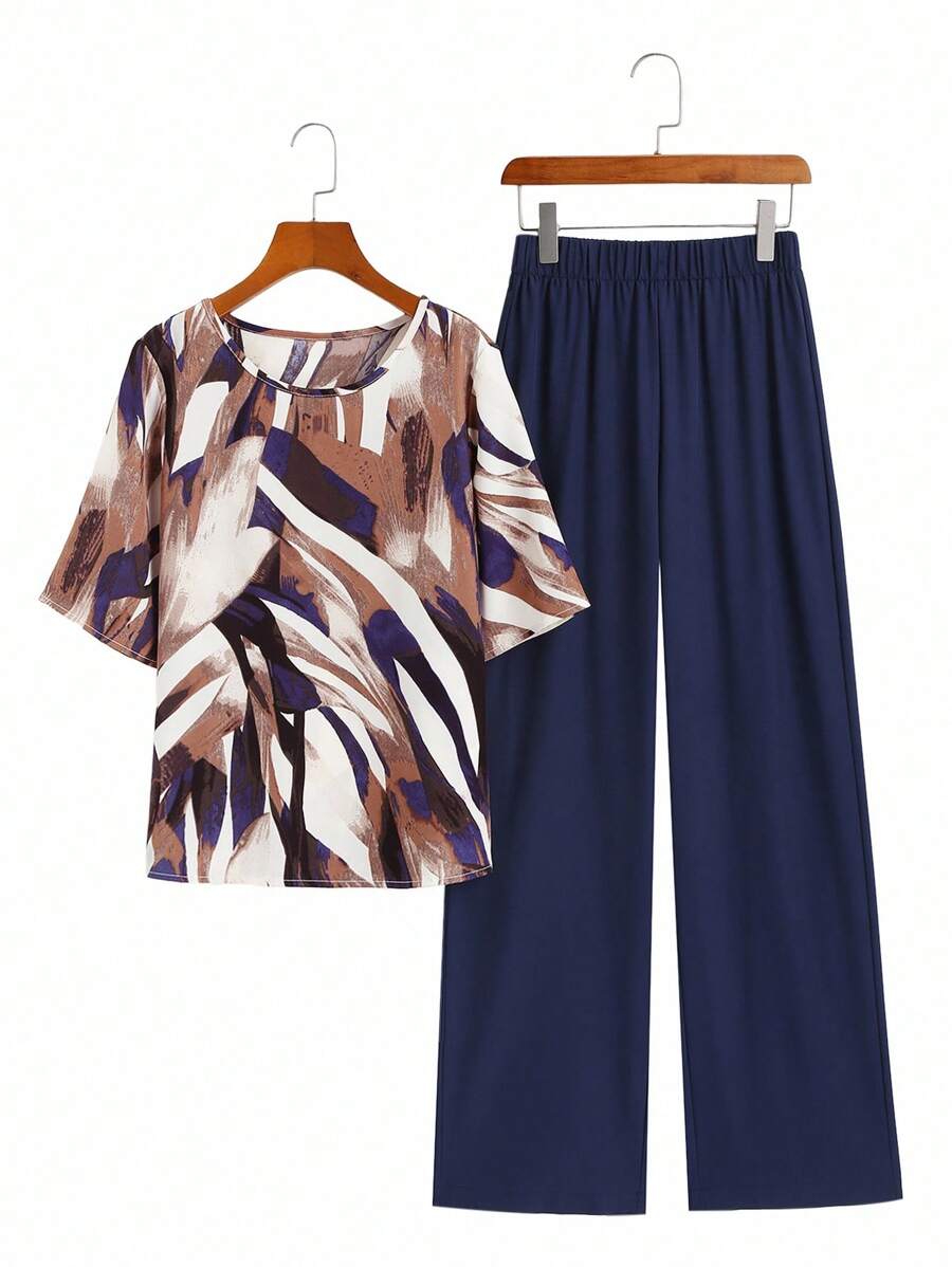 EMERY ROSE 2 件套女士简约印花圆领短袖上衣和纯色裤子套装 - 彩色 - 查看 1