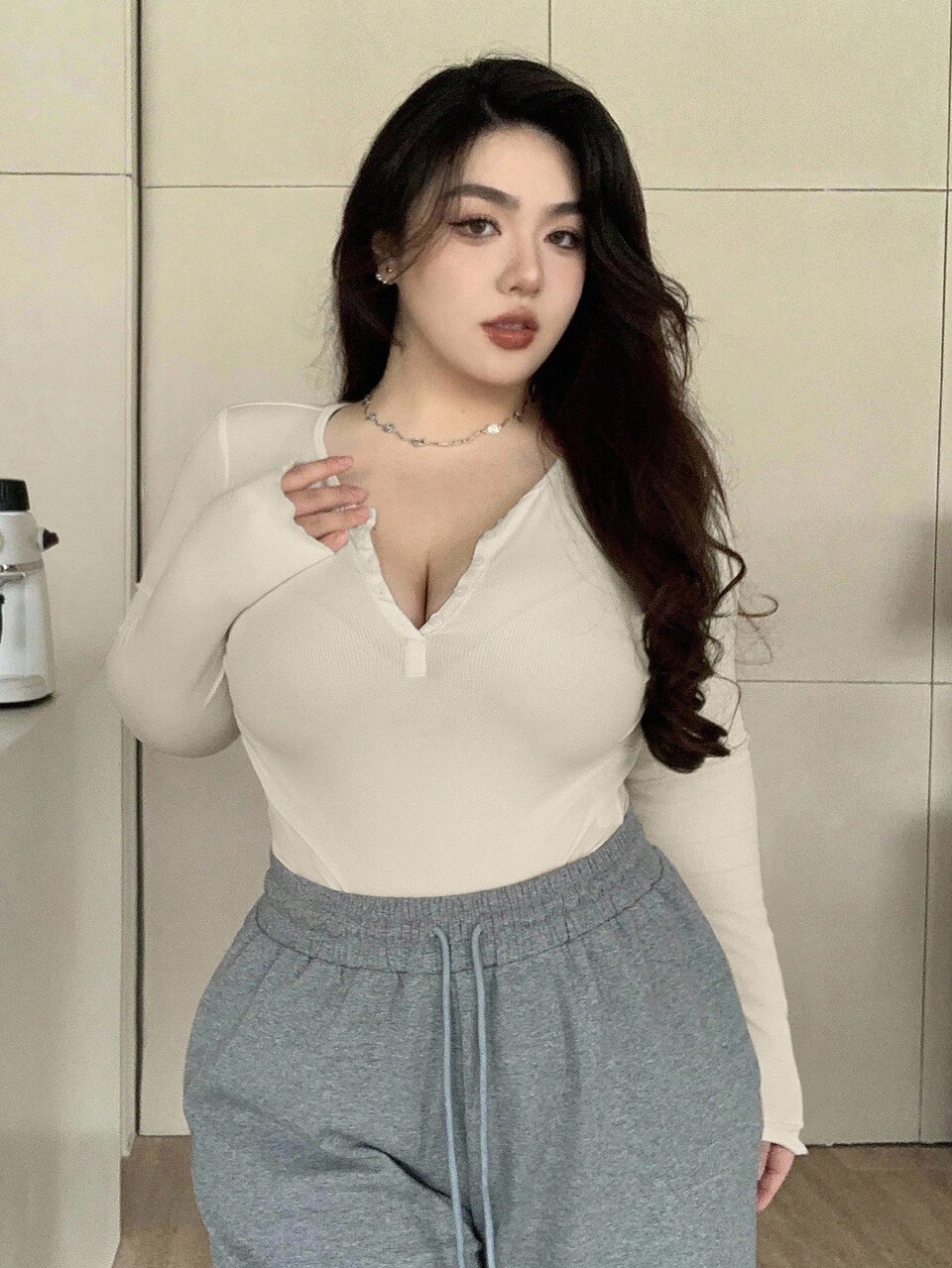 Dazy Plus Plus Size Solid Button Front Rib-Knit Tee Long Sleeve Women Tops