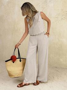 SHEIN Frenchy All-Season 2pcs Women Casual Sleeveless Top And Wide Leg Pants Set, Beige Two Piece Set, Linen Two Piece Set, Cream Two Piece Set, Two Piece Pants Set, Comfortable Two Piece Set,Back Bow Tie Top Two Piece Set,Wavy Hem Sleeveless Shirt Two-Piece Set,Fall Women Clothes,Old Money,Simple,Vacation Summer Casual Holiday Resort - Apricot - View 2