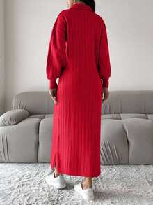 EURMUSE Women's Solid Color Minimalist Long Sleeve Sweater Dress, Casual Everyday Wear,Petite - Red - View 2