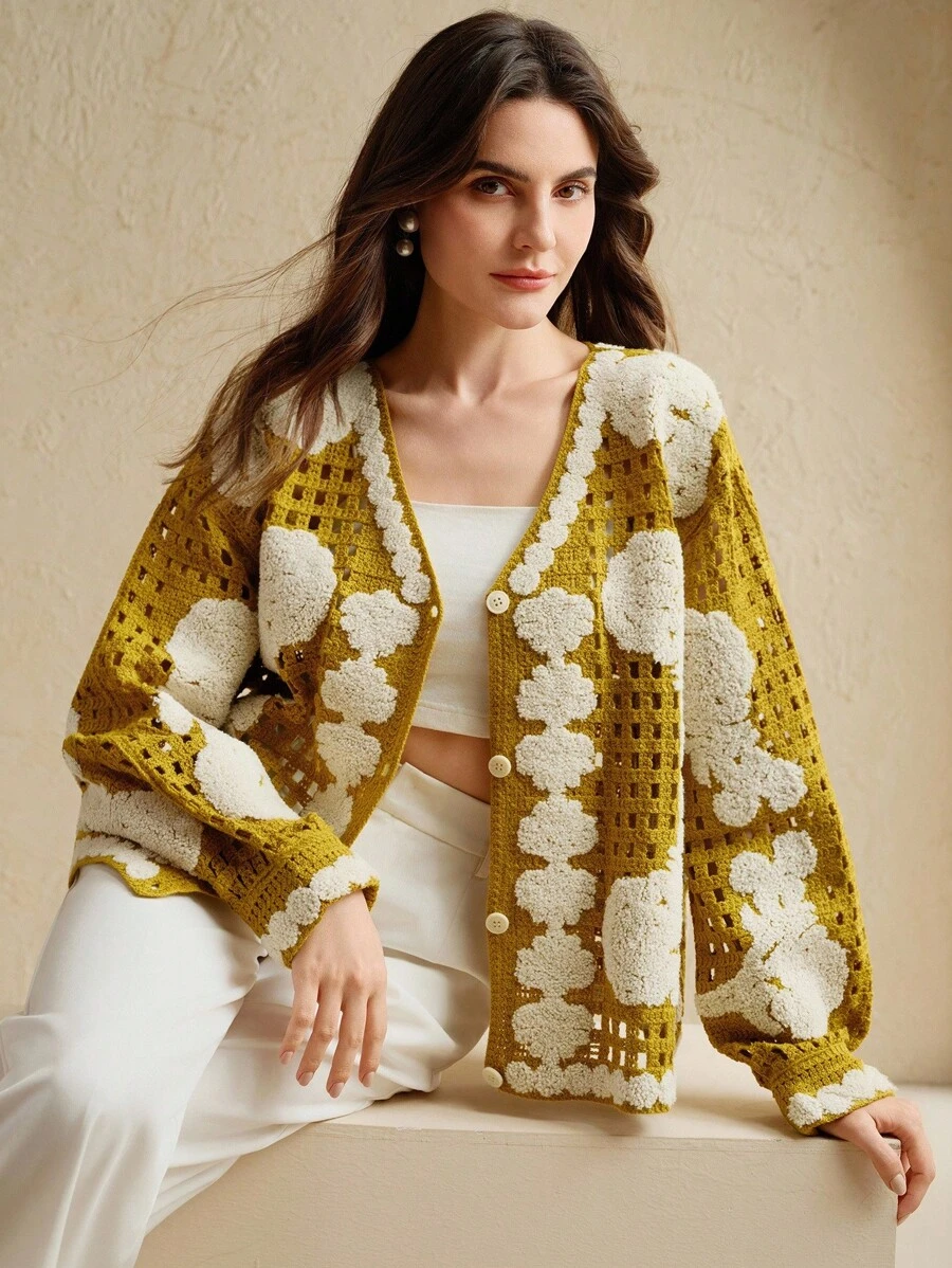 Anewsta Áo khoác len cardigan dệt kim hở cổ, tay dài, một hàng khuy, họa tiết hoa dành cho nữ - Màu vàng - Xem 1
