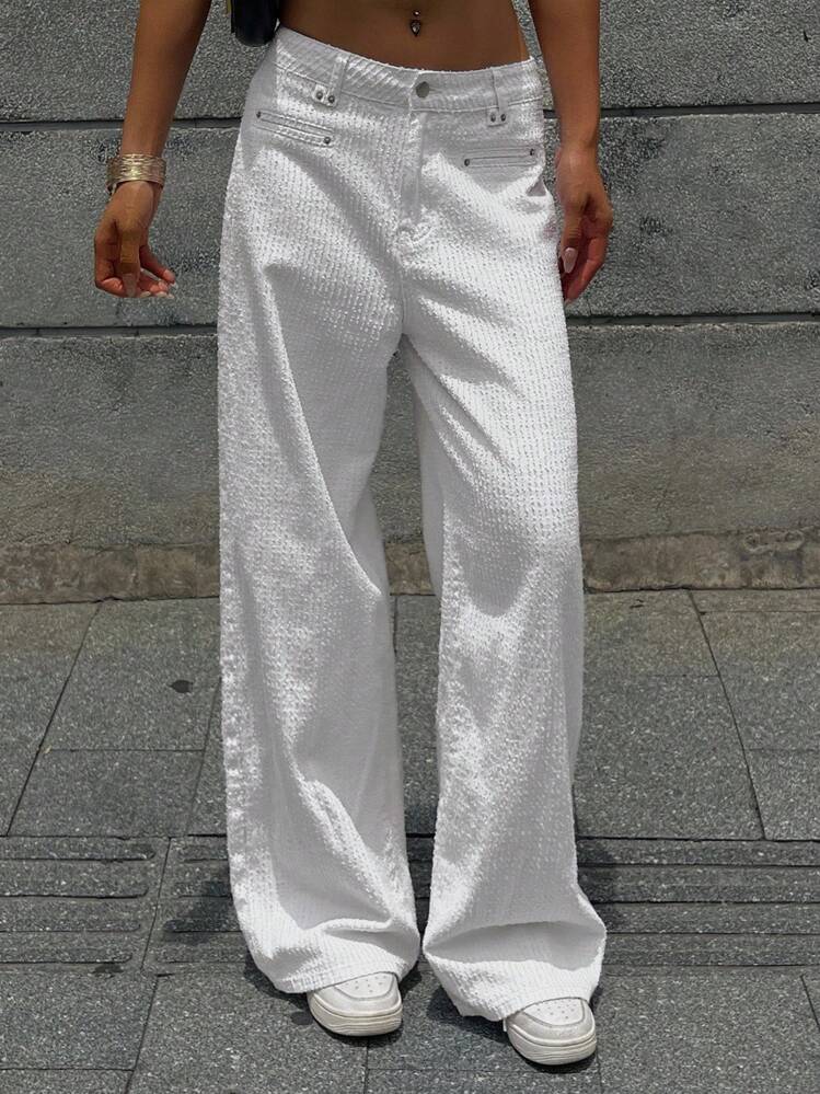 DAZY 女士小众提花牛仔裤，宽松直筒阔腿裤，垂坠长裤，高腰休闲裤 - 白色 - 查看 1