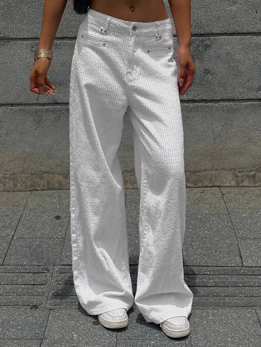 DAZY 女士小众提花牛仔裤，宽松直筒阔腿裤，垂坠长裤，高腰休闲裤 - 白色 - 查看 1