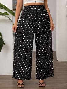 SHEIN Tall CURVE Plus Size Women's Waist Drawstring Polka Dot Print Wide Leg Loose Pants Fall Cloth For Women