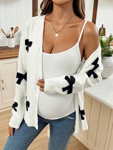 SHEIN Pregnant Women's Contrast Color Bow Jacquard Raglan Sleeve Casual Cardigan