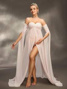 Cheriluna Maternity 孕妇摄影连衣裙，超长袖，无肩带，防滑蕾丝开衩长裙