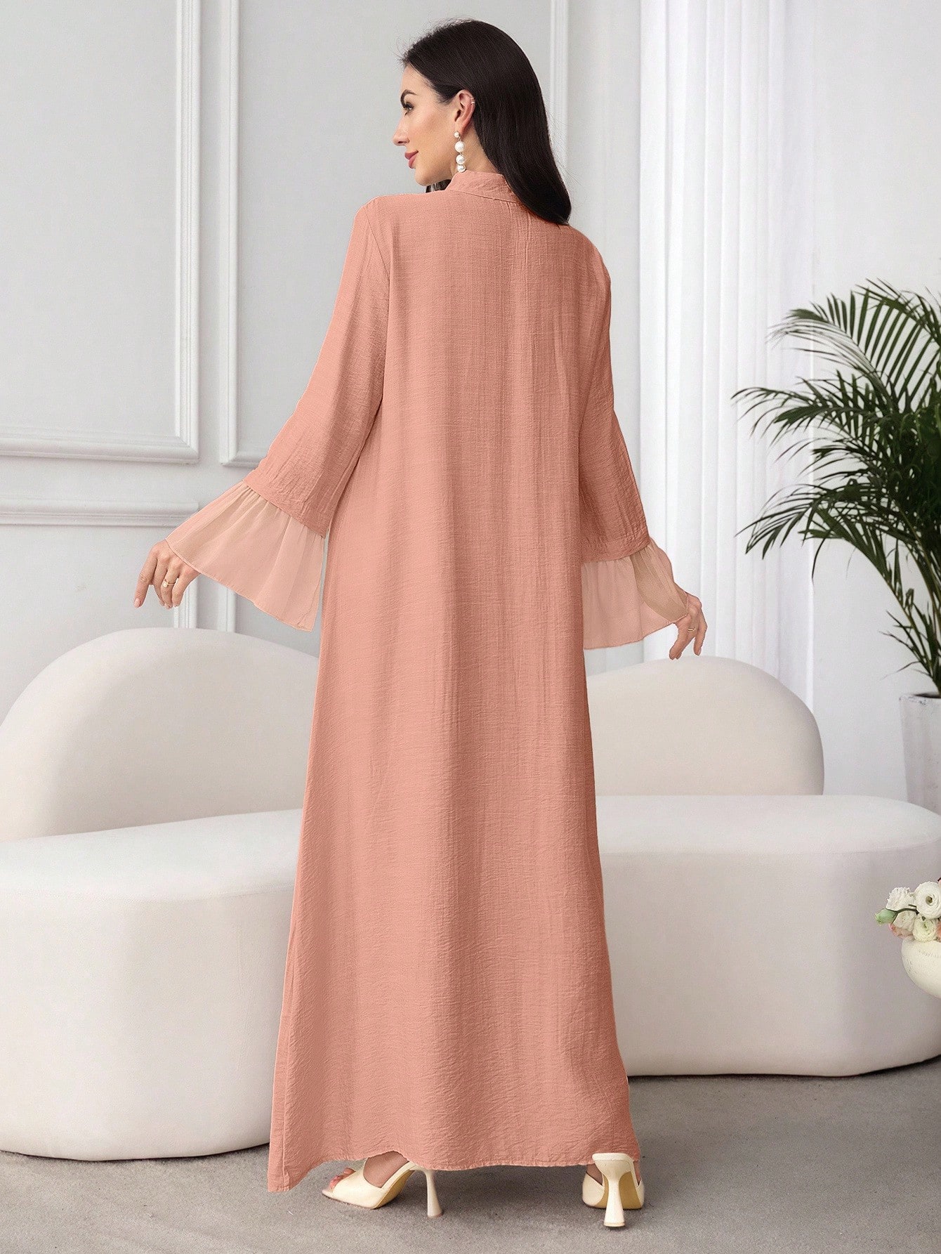 Al Najma فستان نسائي بياقة عالية وأكمام طويلة مع ت...