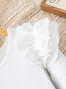 SHEIN Girls' Elegant Casual Outfit, White Knit Top Paired With Black Flared Pants, Shoulder Ruffle Trim, Beaded Leg Cuffs, Suitable For Spring/Autumn Daily Wear Fall Winter - White - View 5