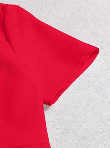 SHEIN LUNE 女式纯色交叉裹身双排扣优雅短袖迷你连衣裙 - 紅色 - 查看 6