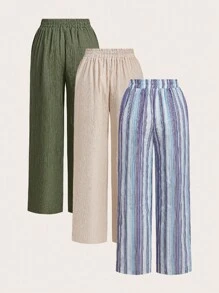 SHEIN Essnce 3 件套女士休闲腰带口袋直筒裤套装，适合夏季，条纹面料 - 彩色 - 查看 2