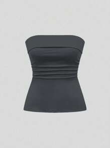 ROMWE Grunge Punk Y2K Subculture 女士纯色短款抹胸露肩上衣，下摆开衩 - 深灰色 - 查看 3