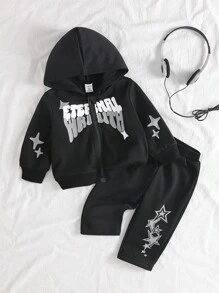 SHEIN Playful Pals 2 件套男婴连帽拉链夹克 + 裤子套装，字母和星星印花，街头休闲运动装，适合秋冬日常穿着 - 黑色 - 查看 3