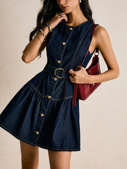 Poéselle Women's Solid Color Ruffle Hem Belted Sleeveless Denim Dress Women Denim Dress Button Up Denim Dress Belted Denim Dress Denim Mini Dress Women Denim Dress Belted Dress Denim Dress For Curve Woman