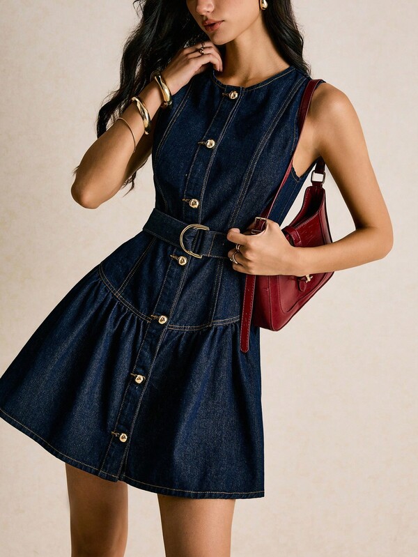 Poéselle Women's Solid Color Ruffle Hem Belted Sleeveless Denim Dress Women Denim Dress Button Up Denim Dress Belted Denim Dress Denim Mini Dress Women Denim Dress Belted Dress Denim Dress For Curve Woman