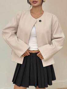 SHEIN PETITE Woolen Round Collar Short Coat Suitable For Autumn And Winter Cropped Blazer - Beige - View 5