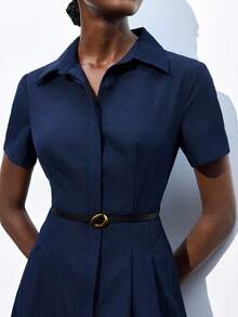 Maija 2025 Autumn Navy Blue Elegant Office Dress,Collared Single-Breasted Button Front Pleated Waist Design With Leather Metal Belt Adjustable Slim Dress - Navy Blue - View 7