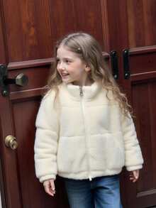 Young Girls' Solid Color Fleece Zip-Up Stand Collar Winter Coat Fall - Beige - View 6