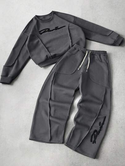 PAVTROS Manfinity Streetrush 男士创意拼布宽松图案文字刺绣运动衫套装，灰色男士运动服套装男士两件套男士慢跑套装男士套装男士两件套，返校，羊毛两件套，秋冬装