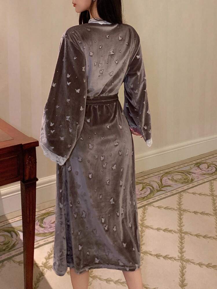 Butterfly Print Lace Patchwork Loose Long Sleeve Women Sleepwear Robe Pajama