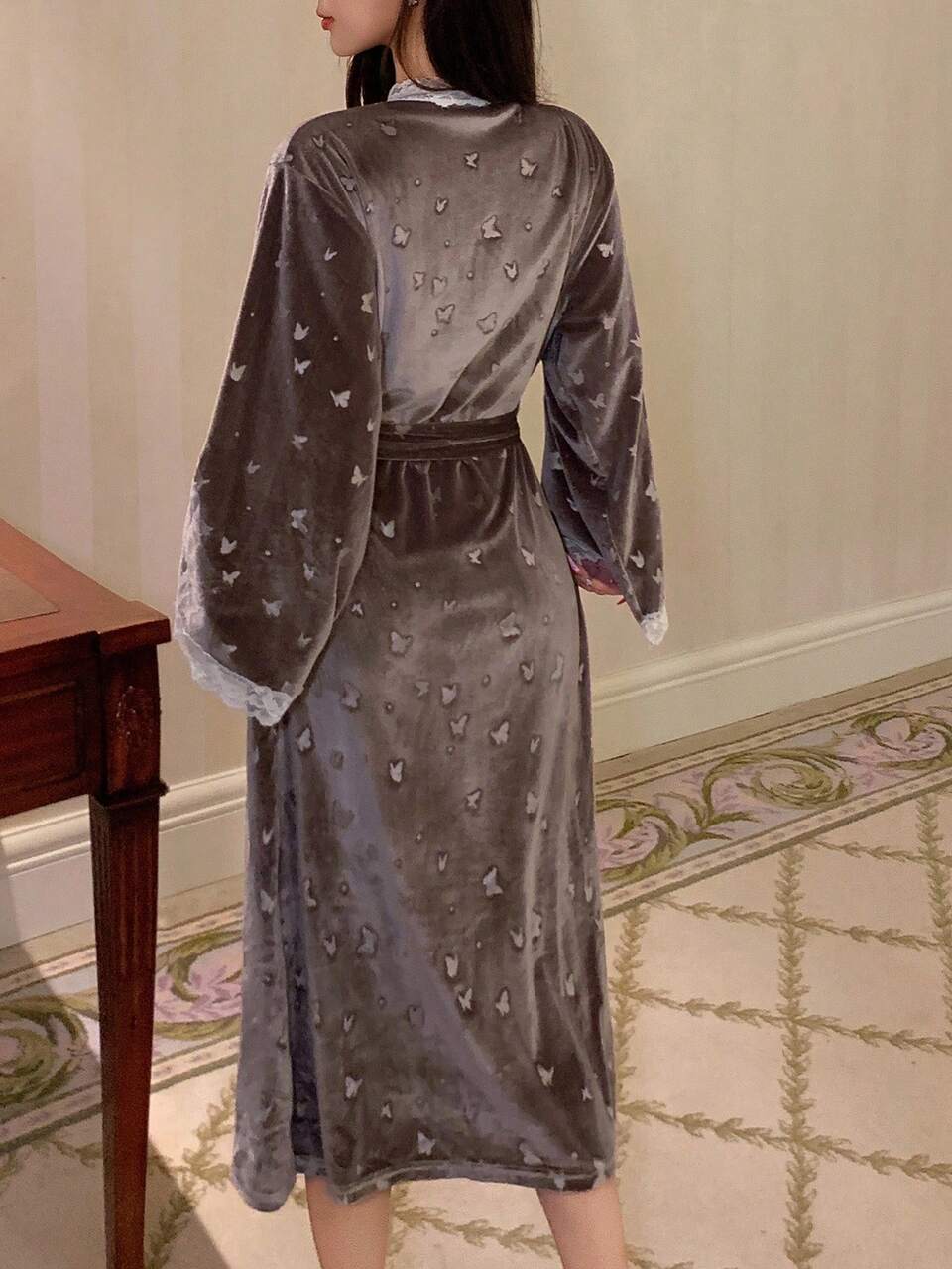 Butterfly Print Lace Patchwork Loose Long Sleeve Women Sleepwear Robe Pajama