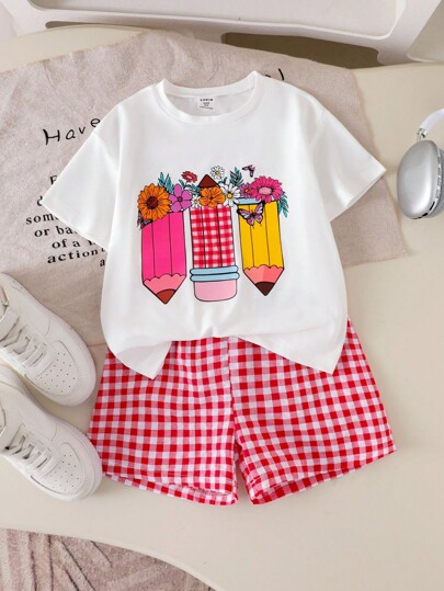 SHEIN 2pcs Back-To-School Kids Girls Summer Clothing Sets,Pencil Drawing Print White Short Sleeve Top And Plaid Checkered Shorts Set,Fashionable School Girl
