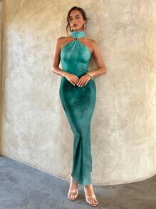 Aloruh 女士优雅性感蓝绿色渐变金属扣装饰镂空紧身弹力连衣裙，优雅约会，渐变色连衣裙，适合秋冬、派对、秋季女装 - 白色 - 查看 6