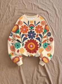 EMERY ROSE 大码女式休闲复古花卉印花长袖圆领运动衫，适合秋冬季 - 彩色 - 查看 3