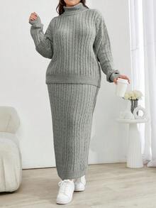 SHEIN Cottnline Cable Knit Turtleneck Sweater And Skirt 2 Pieces Set - Light Grey - View 3