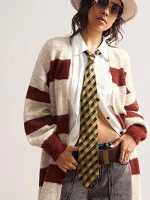 Bohemela Boho Women's Beige Autumn 90s Retro Back-To-School Long Cardigan,Vintage Loose Striped Knit Sweater,Western Country Style School Concert Vacation - Khaki - View 7