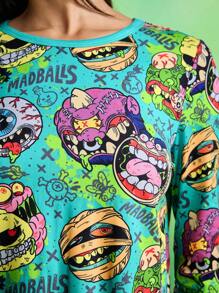 MADBALLS X SHEIN Conjunto de Pijama Feminino com Top de Manga Longa e Calça com Estampa Engraçada, Roupas de Outono
